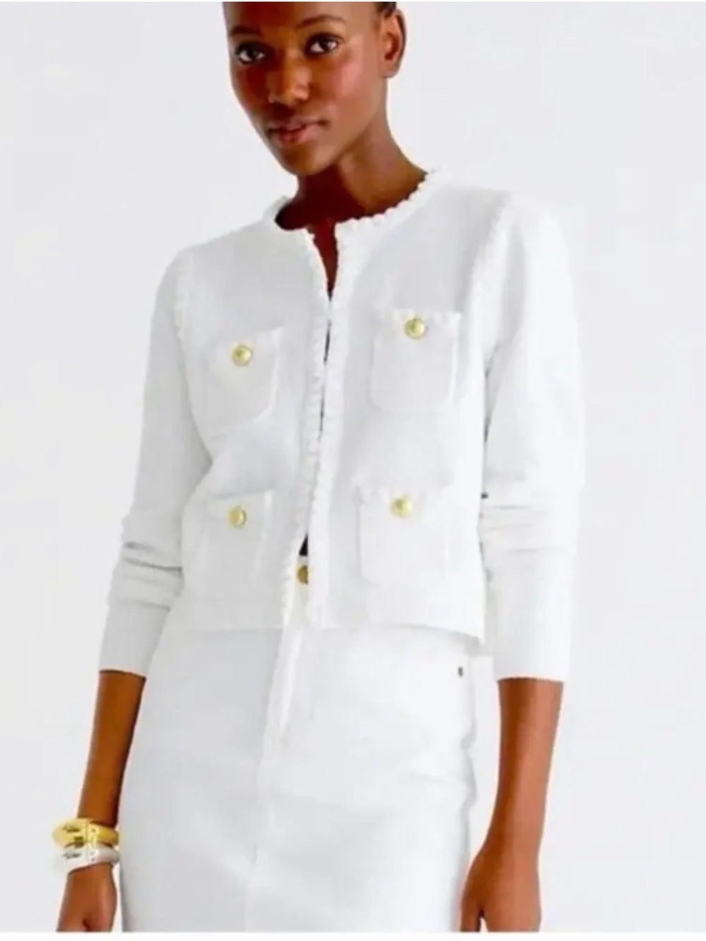 JCrew lady Jacket Sweater White Button-Pocket Cropped Jacket